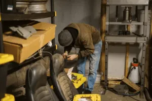 Foto di un ragazzo chinato mentre controlla degli oggetti in una porzione di officina dove ci sono diverse attrezzature da lavoro, due sedili e oggetti vari
