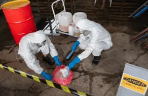 Due tecnici coperti dalla tuta bianca con guanti celesti e mascherina che controllano alcuni liquidi in un'area delimitata dal nastro giallo di pericolo