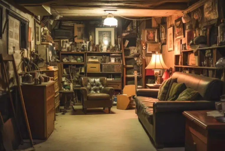 Foto di una cantina, piena di oggetti, riposti su delle scaffalature da parete, un divano, una cassettiera ed altre cose. La stanza è illuminata da un lampadario e da una lampada da tavolo